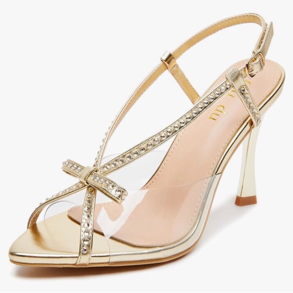 Gold Embellished Slingback Heels with Bow